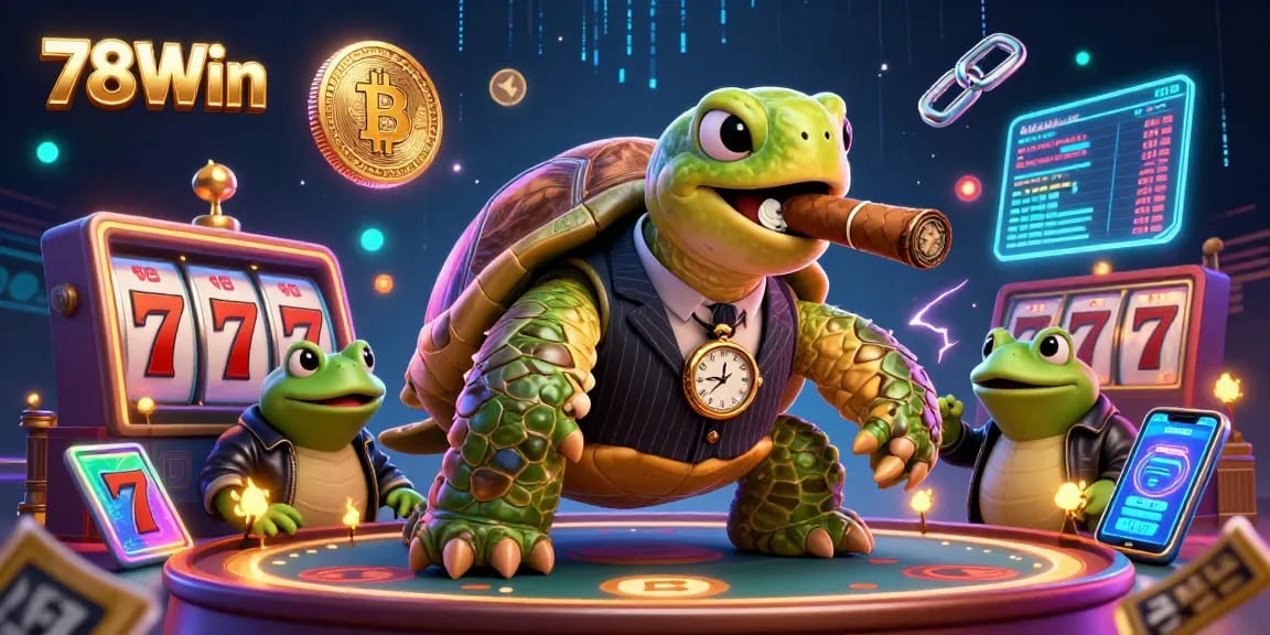 Engage in fun with 78Win's colorful casino scene featuring a mobster turtle and frog enforcers.