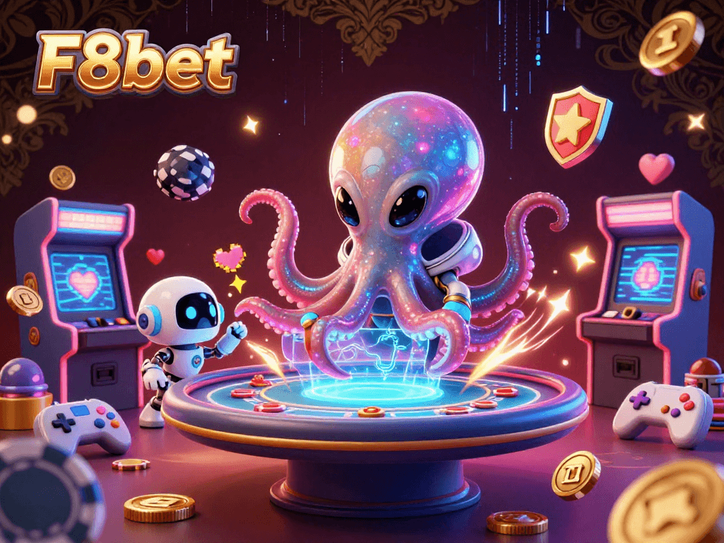 Engage in online poker adventures with F8bet's vibrant casino illustration featuring alien characters.