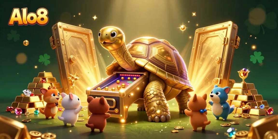 Alo8 captures excitement with a gaming scene featuring a colossal tortoise pinball machine and vibrant treasure elements for an immersive experience.