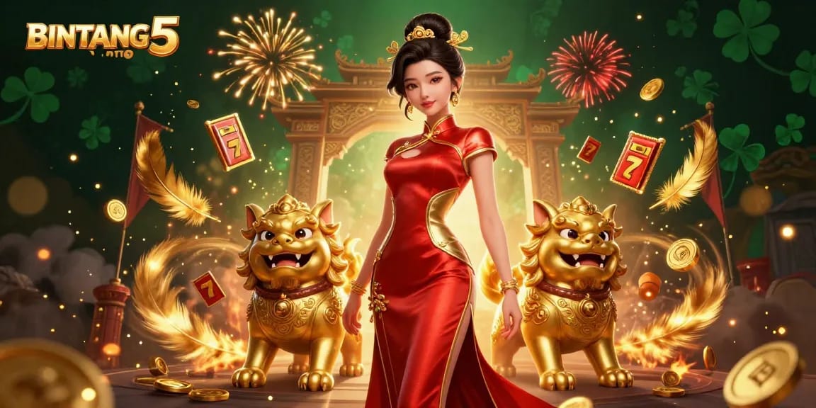 BINTANG5TOTO showcases an exciting online casino scene with slots, fireworks, and vibrant characters.