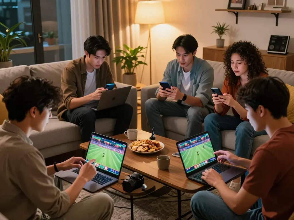 Players strategizing their bets at home on mm88star using smartphones and laptops, showcasing engaging online gambling moments.