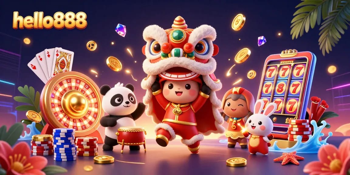 Experience the excitement of hello888 with vibrant casino scenes featuring playful characters, dazzling lights, and thrilling attractions.