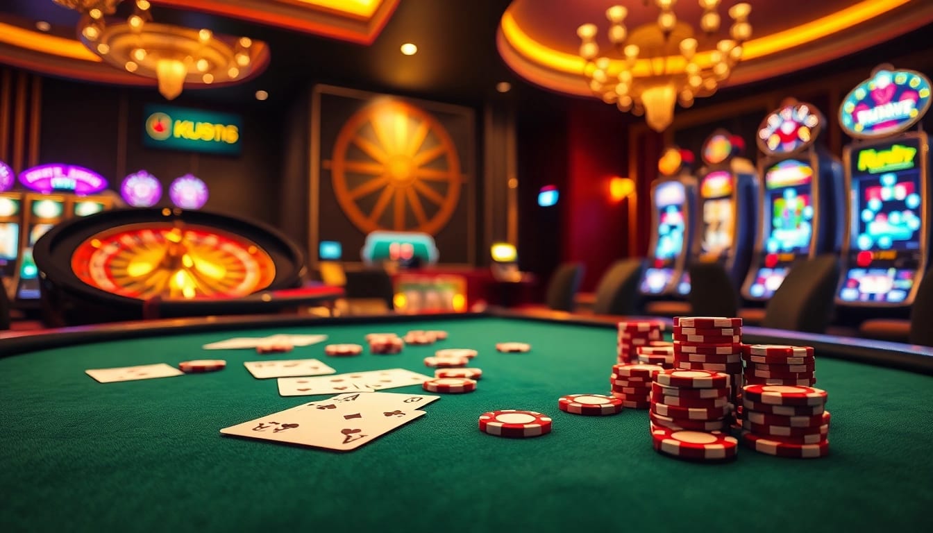 Engaging scene of a luxury poker table with Nhà Cái KU88 elements, showcasing vibrant chips and cards.