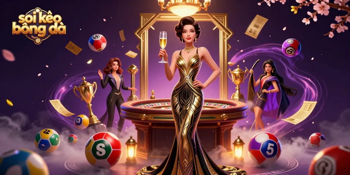 Soi kèo bóng đá highlights a glamorous sports betting scene with an elegant Asian woman and dynamic game elements.