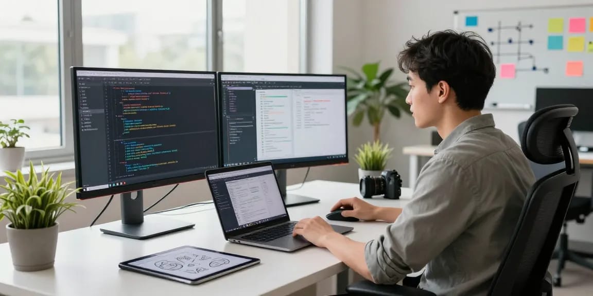 Creative and efficient workspace showcasing WPS Official Website for software developers, featuring dual monitors and coding elements.