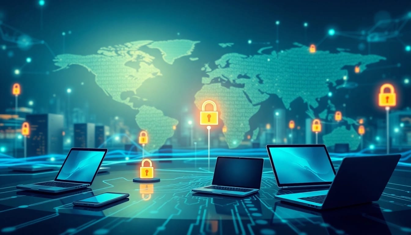 Fast and secure network connections represented through advanced technology at 快连官网, showcasing devices sharing data seamlessly.