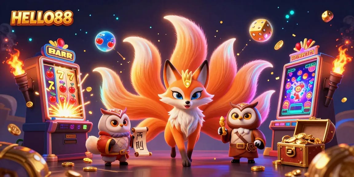 Engage in excitement with HELLO88 as a glowing nine-tailed fox spirit radiates joy amidst dazzling slot machine action.