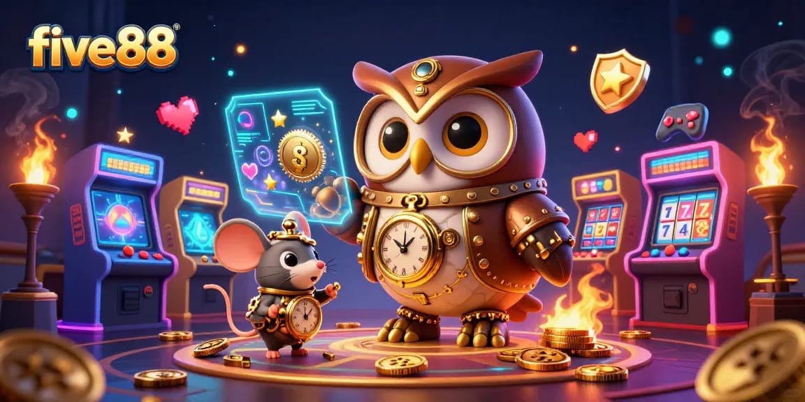 Experience the thrill of five88 with vibrant, dynamic casino elements in this richly detailed illustration.