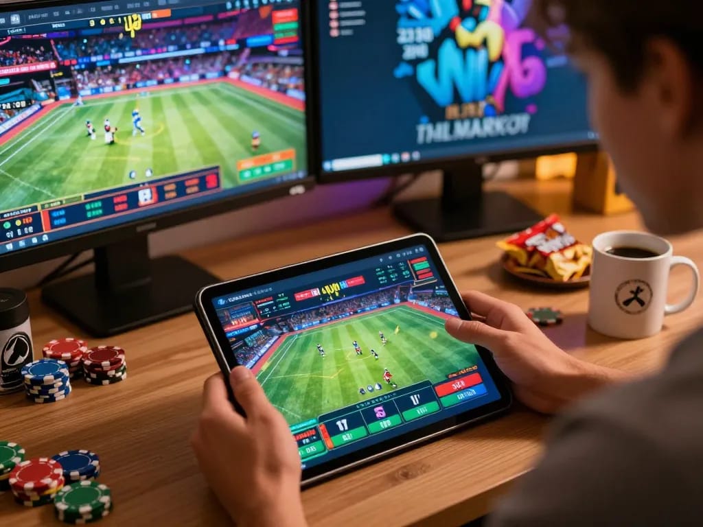 Experience 98win đăng nhập betting excitement with a vibrant online sports setup in a modern home