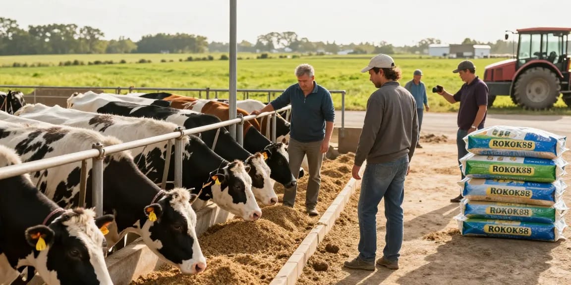 Farmers using ROKOK88 animal feed to enhance livestock nutrition and productivity