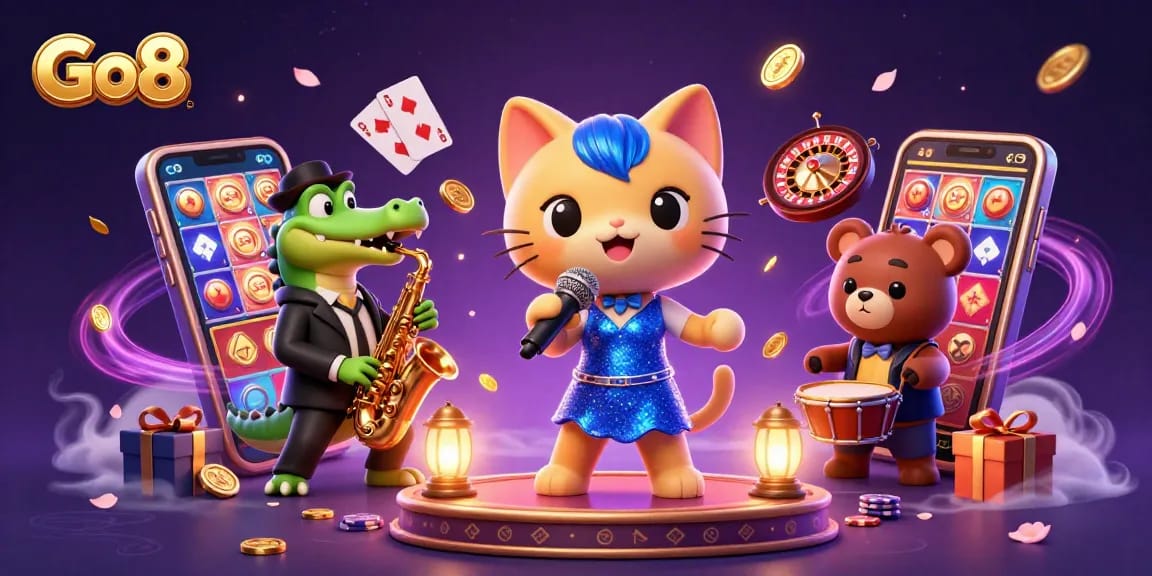 Experience the excitement of Go8 with a jazz-singing cat, sax-playing crocodile, and drum-bearing bear in a vibrant casino setting.