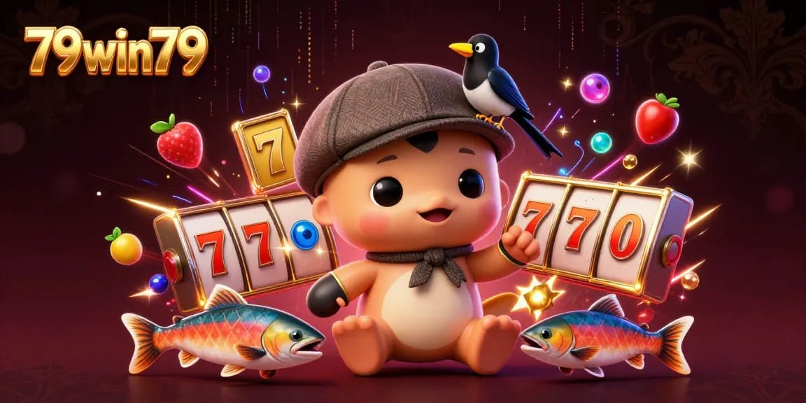 Experience the fun with 79win79 in this vibrant casino-themed illustration showcasing playful characters and engaging gaming elements.