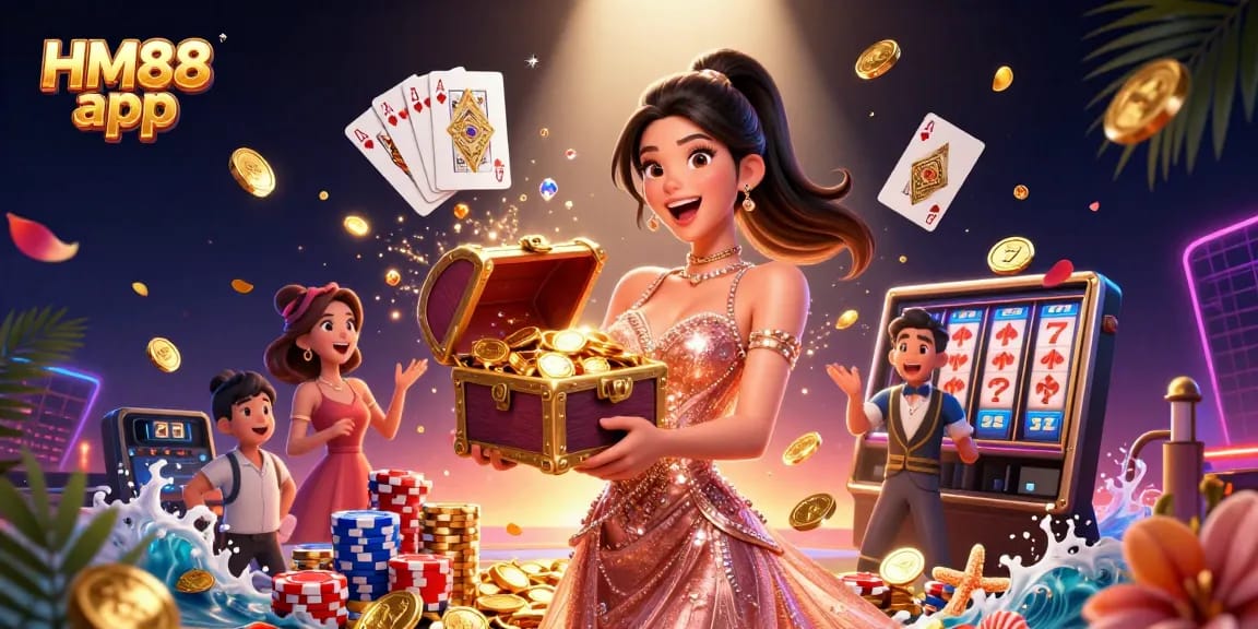 Experience excitement with the HM88 app as stunning coins and gems overflow from a treasure chest.