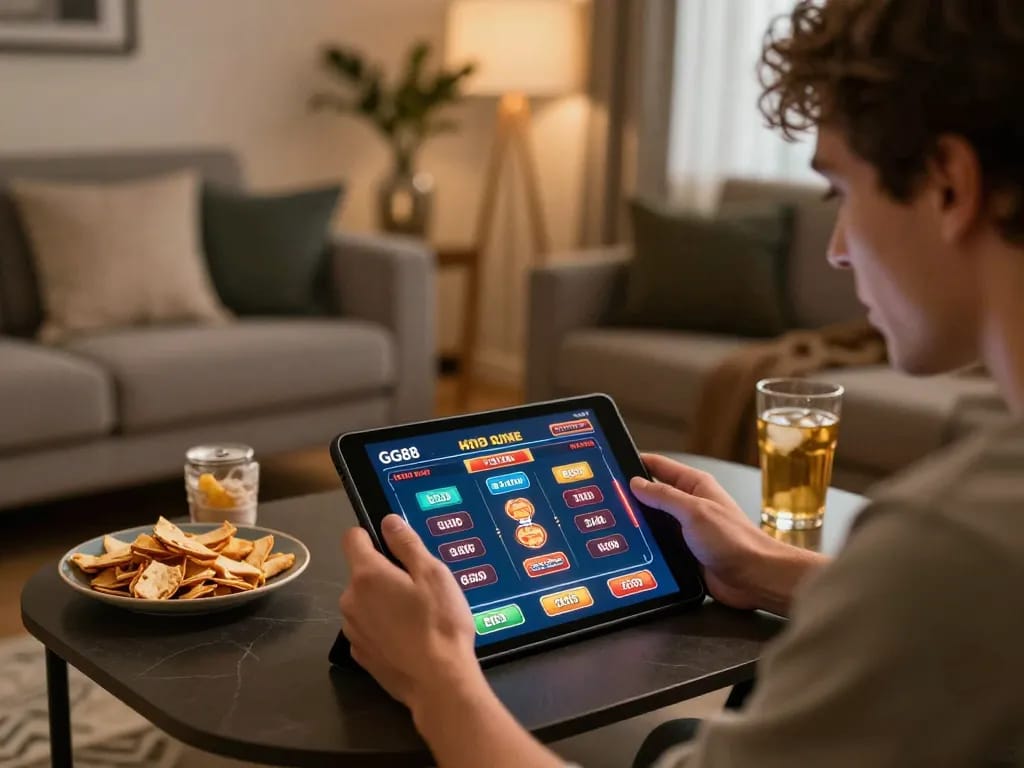 Player enjoying a gaming session on trang chủ GG88 with tablet in cozy home setting, showcasing online gambling excitement.