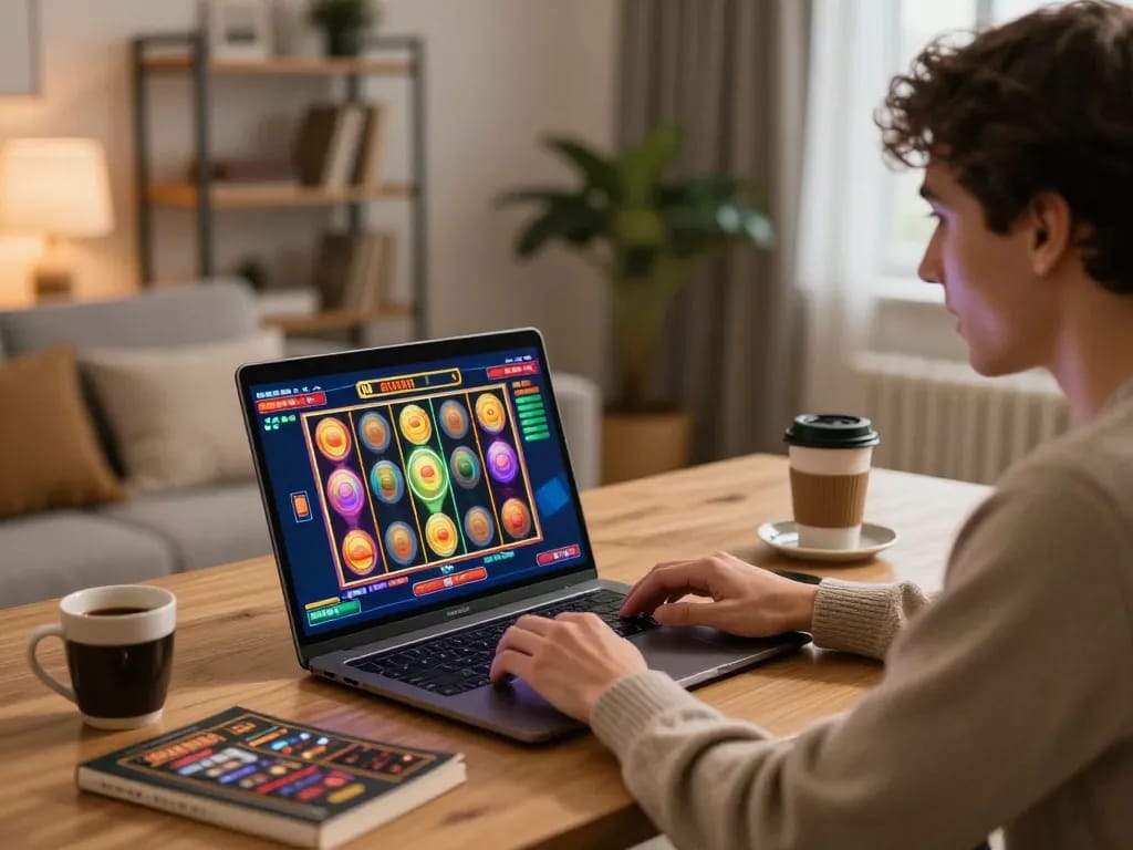 Player enjoying engaging online slot gameplay on va88 laptop with strategy notes nearby