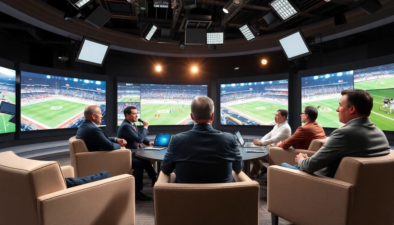 Engaging sports broadcasting studio showcasing diverse commentators discussing live games.