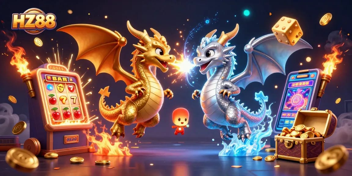 Play engaging games at HZ88, where gold and silver dragons bring vibrant casino excitement!