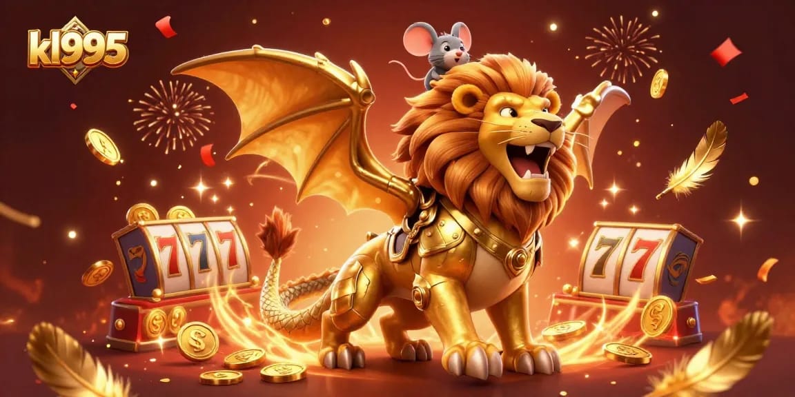 kl995 offers an engaging casino experience with a golden chimera creature amidst vibrant slot game elements.