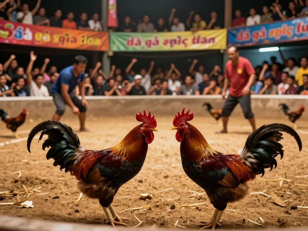 Viewers enjoying đá gà trực tiếp as roosters prepare for battle in an electrifying arena atmosphere