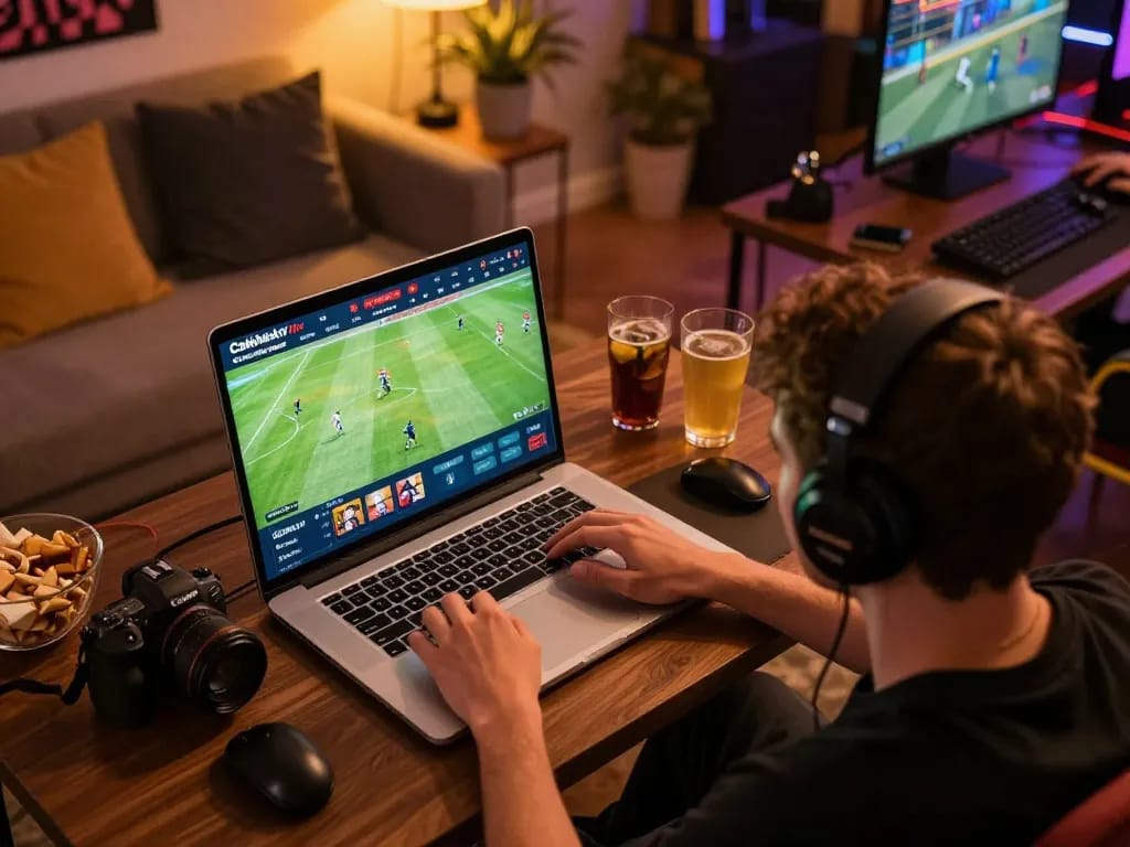 Cakhiatv player engaged in live football streaming online during exciting match moment.