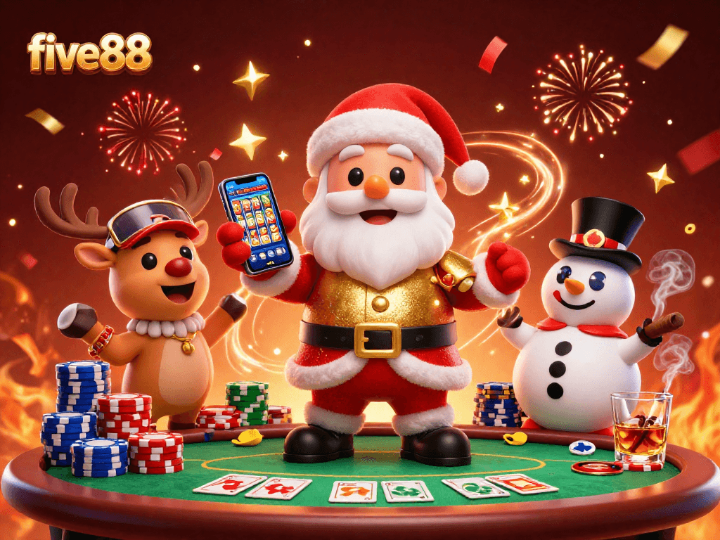 Engage with five88's exciting jackpot experience featuring Santa, a reindeer dealer, and a poker chip snowman.