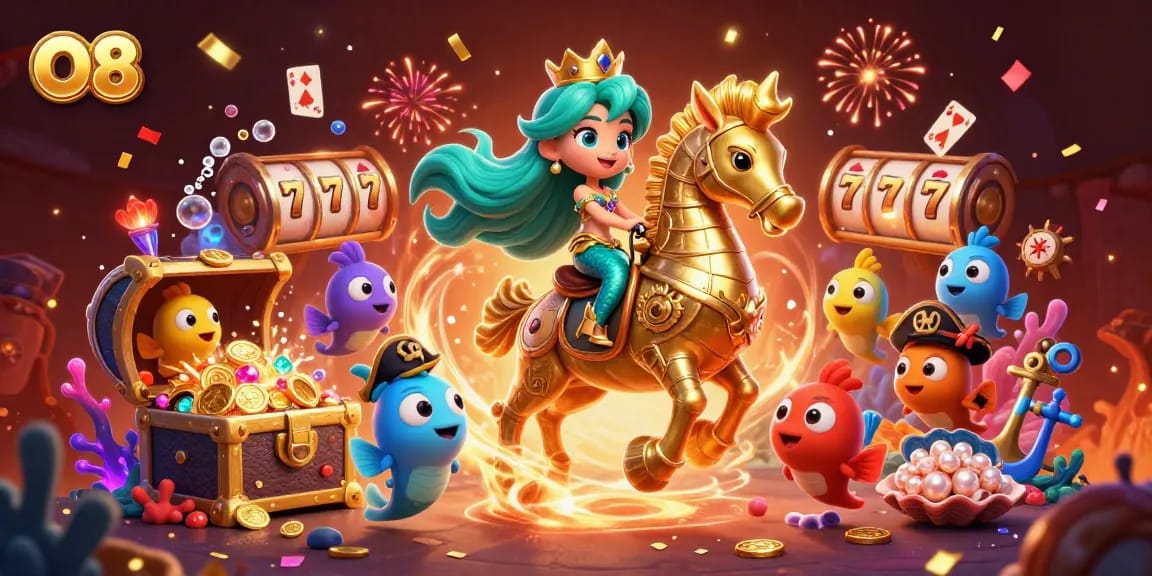 Engage with O8's thrilling casino universe featuring vibrant underwater treasures and lively characters.