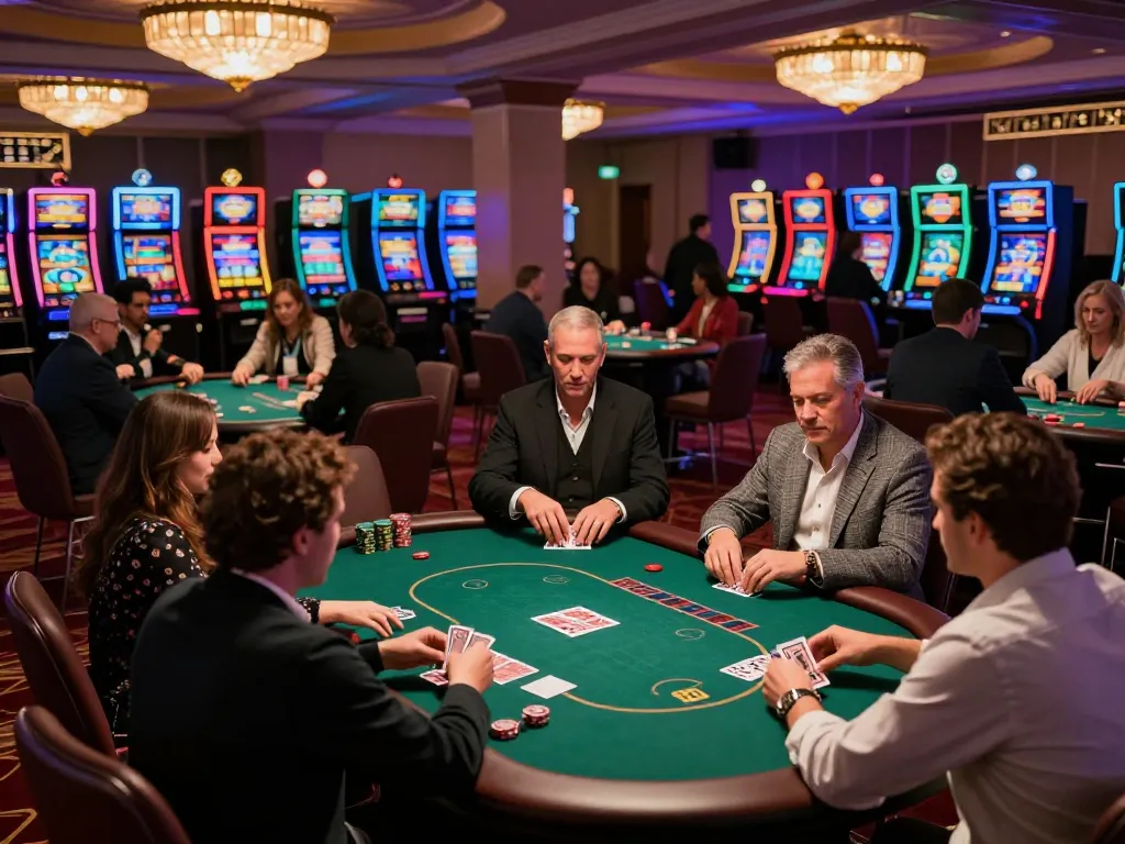 Engaged players at https://www.mnm88.com/ enjoying vibrant casino atmosphere with colorful slot machines and poker tables.