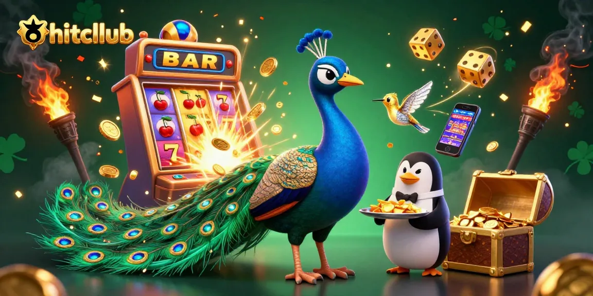 Spin to win with hitcllub's vibrant casino scene showcasing a peacock and golden chips.
