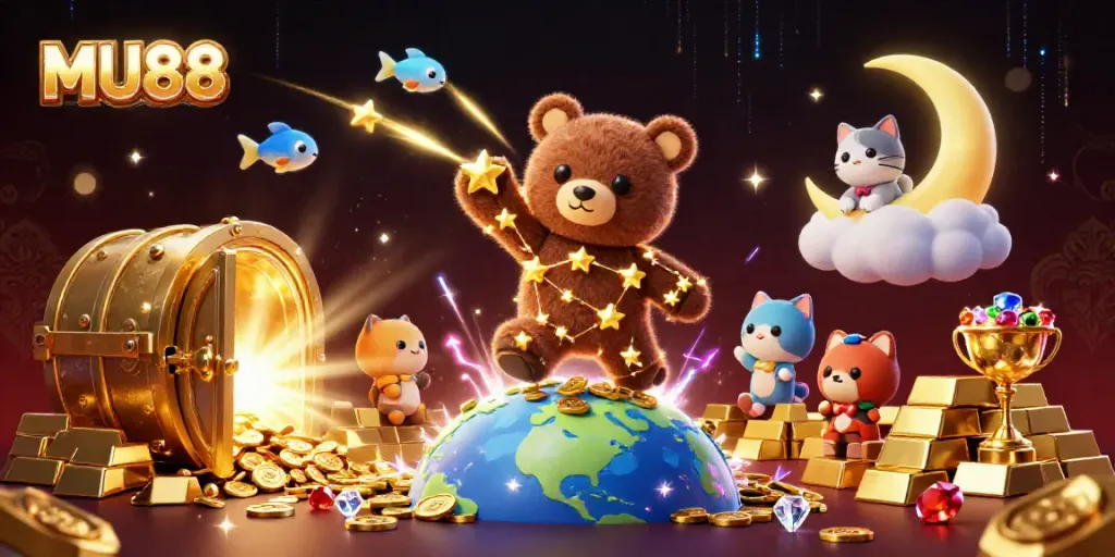 Win big at MU88 casino as a constellation bear scoops up coins amidst treasure and magical elements.