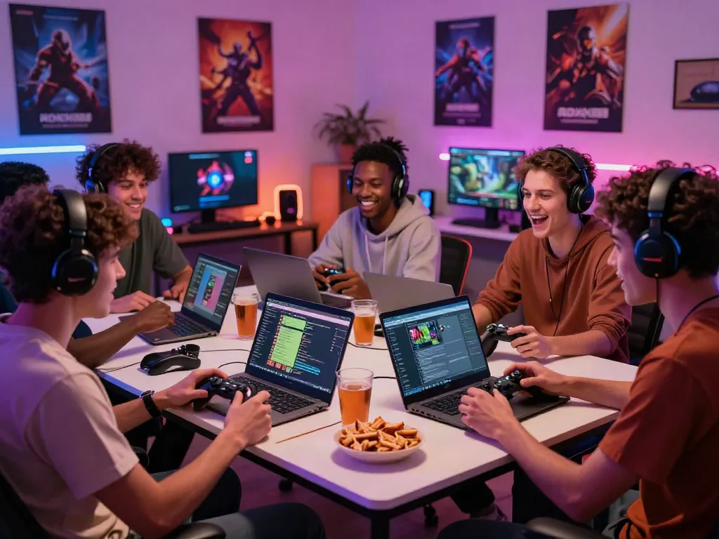 Excited gamers enjoying ROKOK88 login with snacks and consoles in vibrant neon-lit room.