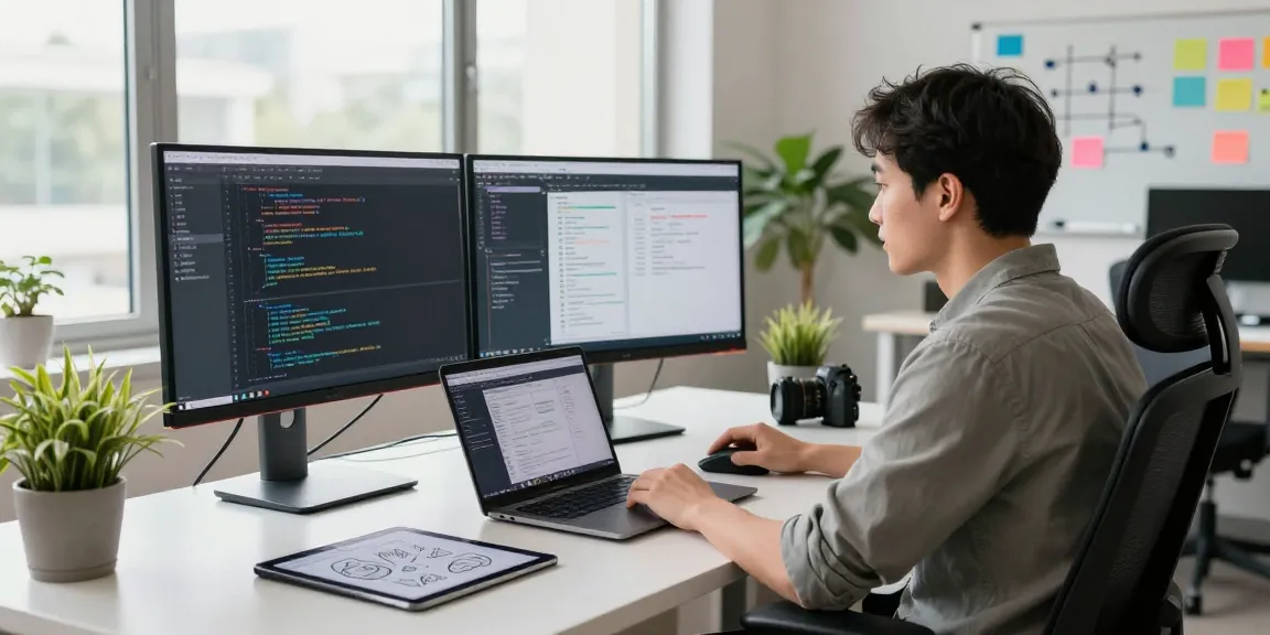 Creative and efficient workspace showcasing WPS Official Website for software developers, featuring dual monitors and coding elements.