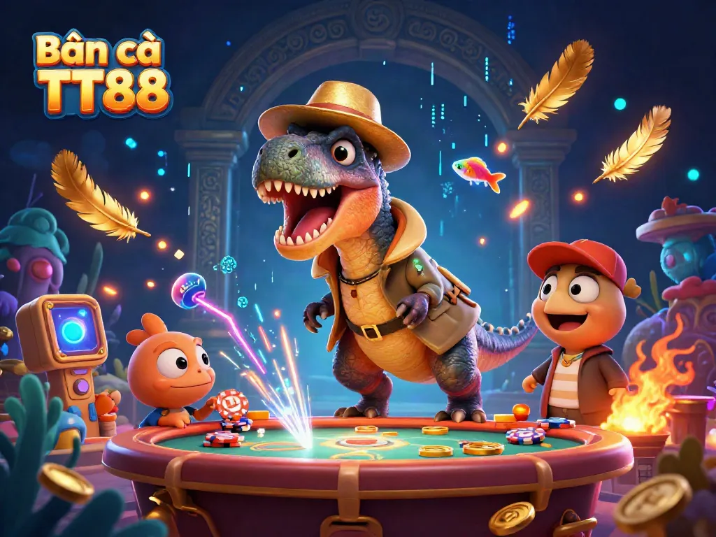 A stunning scene featuring Bắn cá TT88, where a velociraptor card counter interacts with a stegosaurus pit boss and a compy pickpocket in a vibrant underwater shooting game setting.