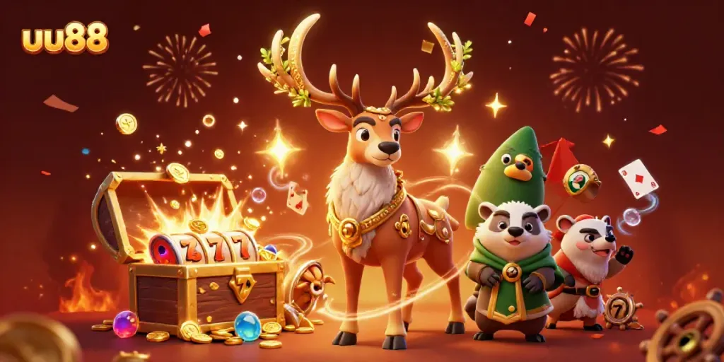 Join the fun at uu88 with a vibrant casino scene showcasing gaming elements and delightful characters.