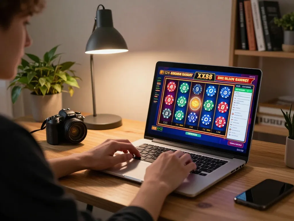 Engaging in online XX88 slot gaming from the comfort of home, emphasizing responsible gambling.