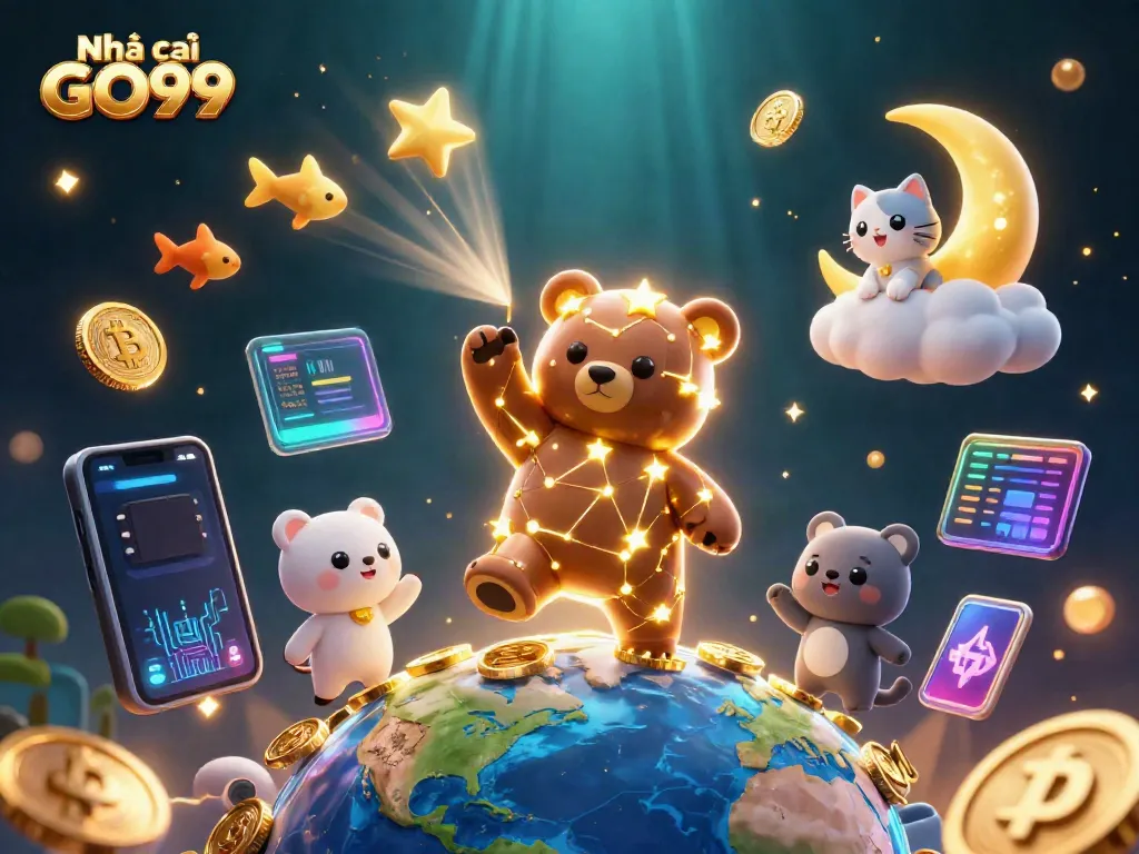 Engage in winning with Nhà cái GO99 amidst a vibrant 3D casino universe filled with stars, coins, and crypto elements.