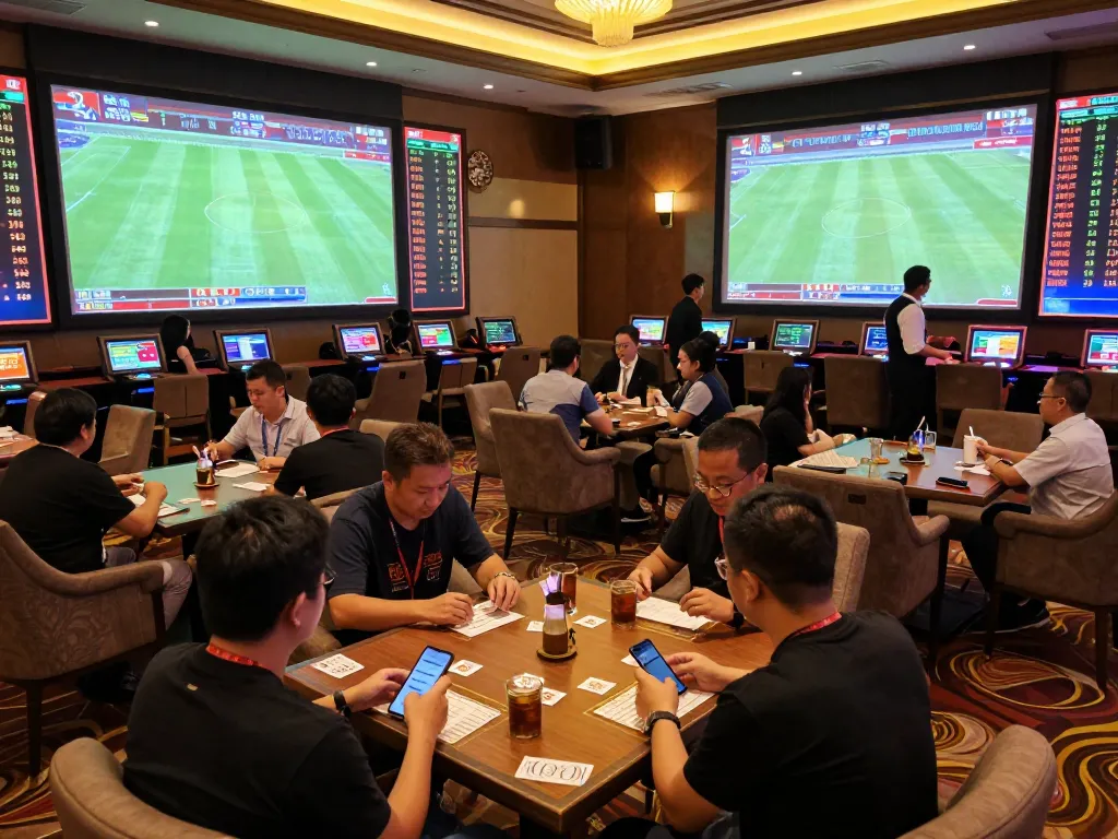 Engaged bettors analyzing kèo nhà cái trực tiếp in a lively sports betting lounge.