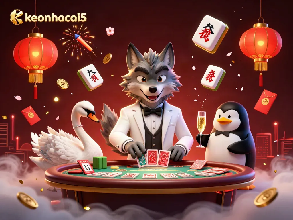 Experience thrilling baccarat with the stylish keonhacai5, featuring a debonair wolf, elegant swan, and sophisticated penguin in a dynamic casino scene.