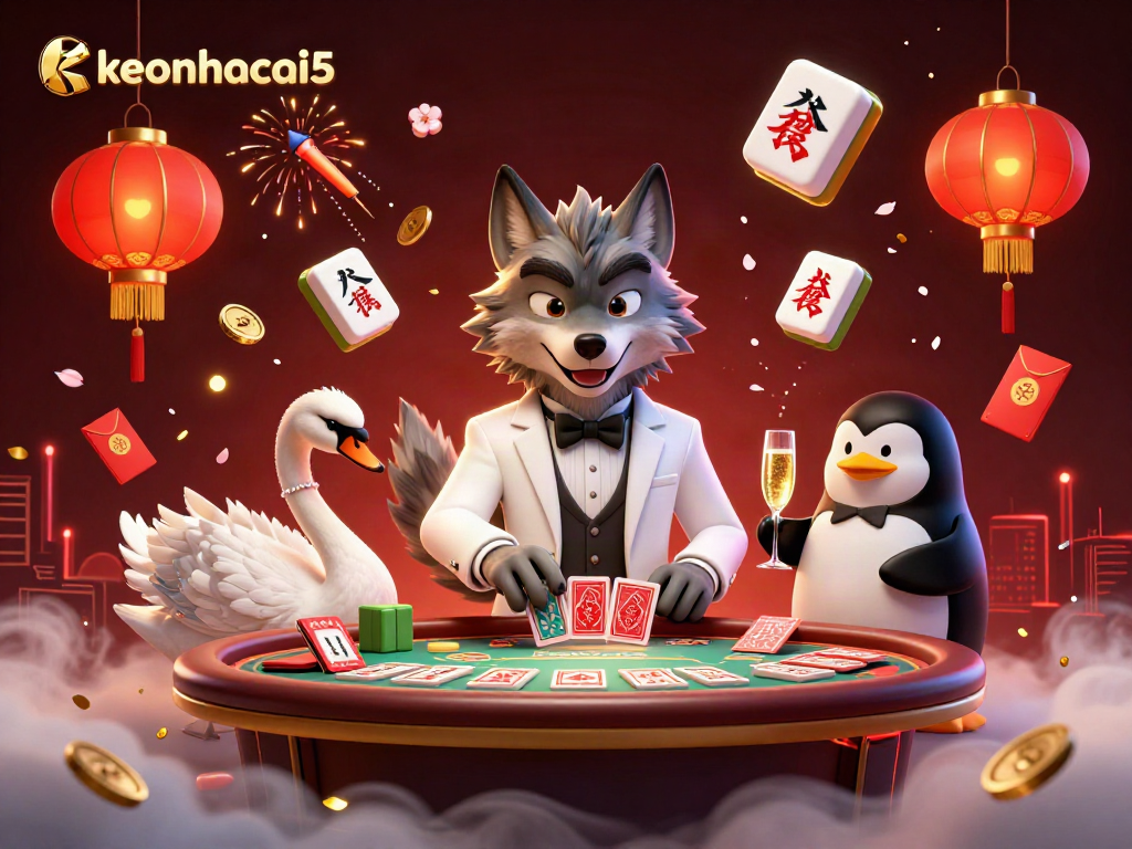 Experience thrilling baccarat with the stylish keonhacai5, featuring a debonair wolf, elegant swan, and sophisticated penguin in a dynamic casino scene.