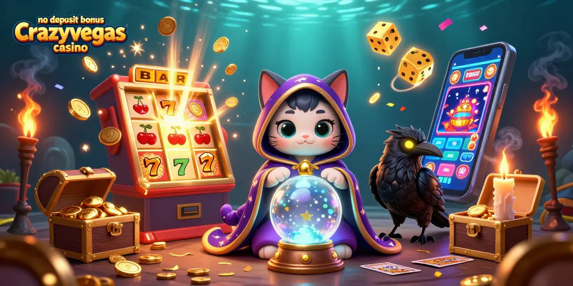 Engage with no deposit bonus crazyvegas casino as a fortune teller cat reveals slot machine jackpots amidst glowing symbols.