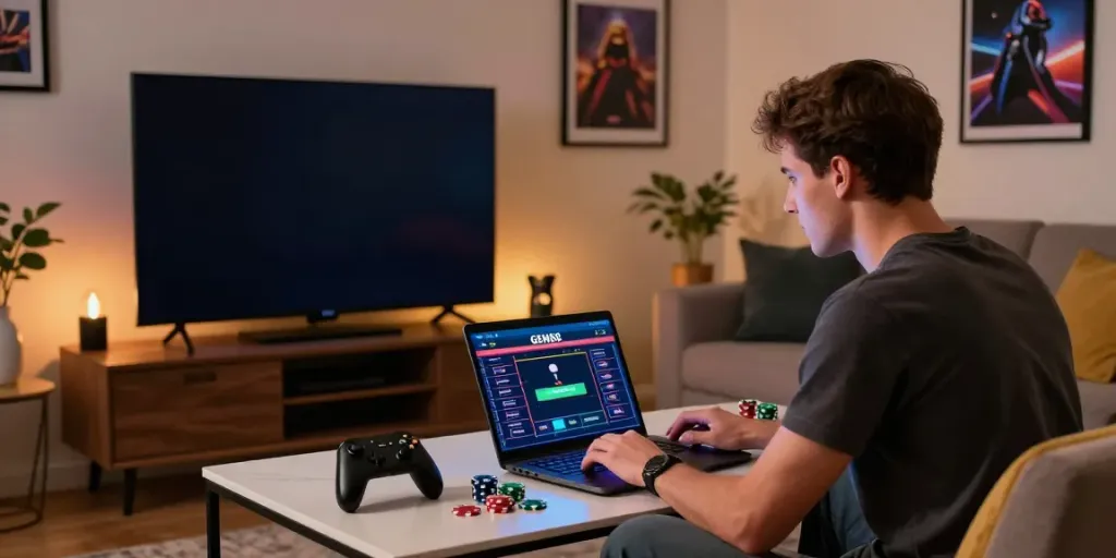 Excited gamer exploring GEM88 online betting platform in a cozy living room.