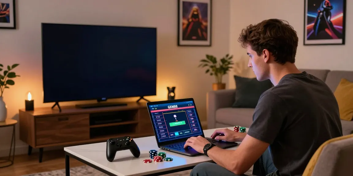 Excited gamer exploring GEM88 online betting platform in a cozy living room.