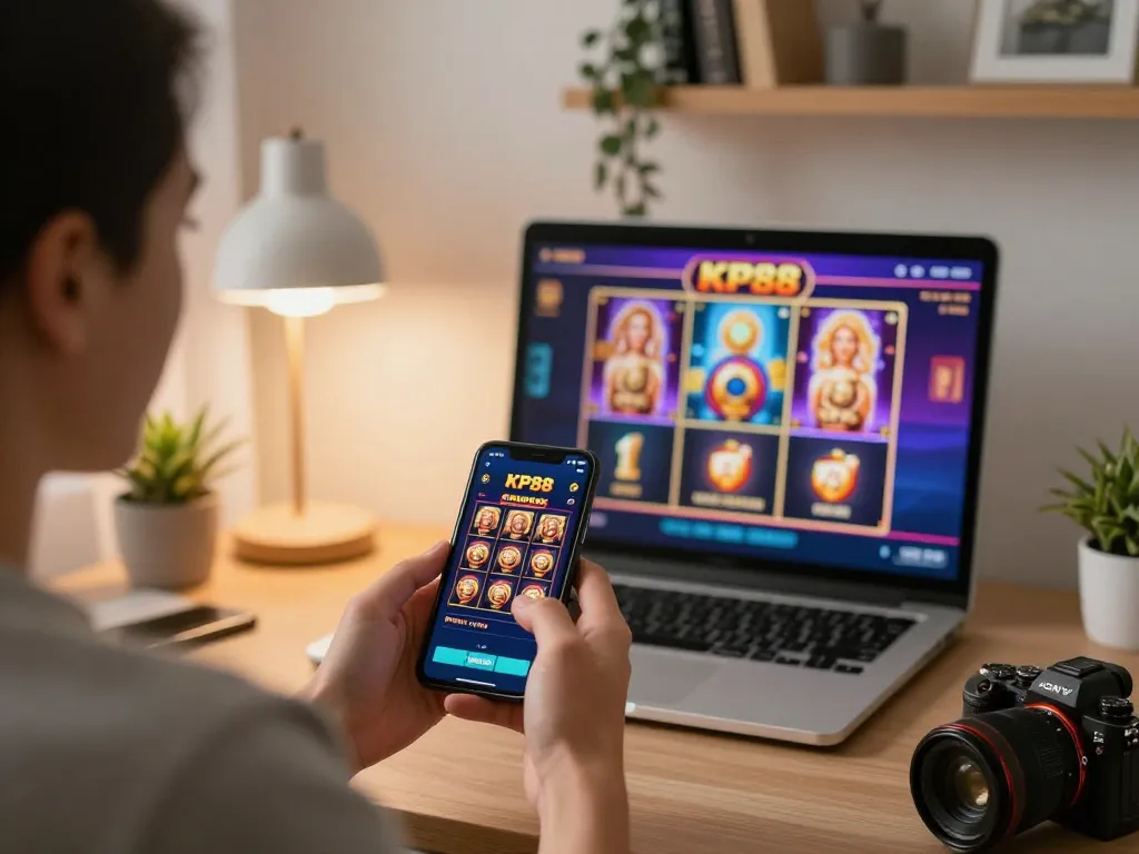 Player celebrating a win on the KP88 app while gaming from home, emphasizing online casino excitement.