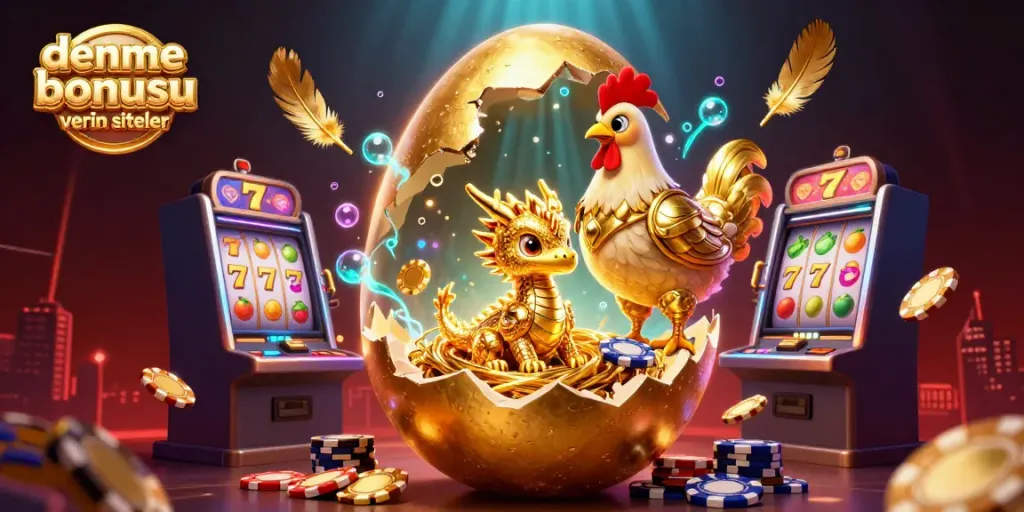 Engage with deneme bonusu veren siteler showcasing a stunning golden dragon emerging from a nest of poker chips in a vibrant casino setting.