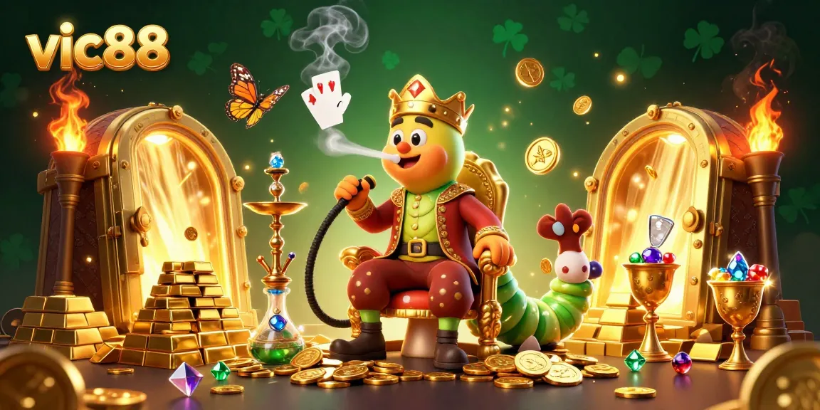 Experience the excitement of vic88 with a vibrant 3D illustration of a caterpillar master in a casino-themed scene.