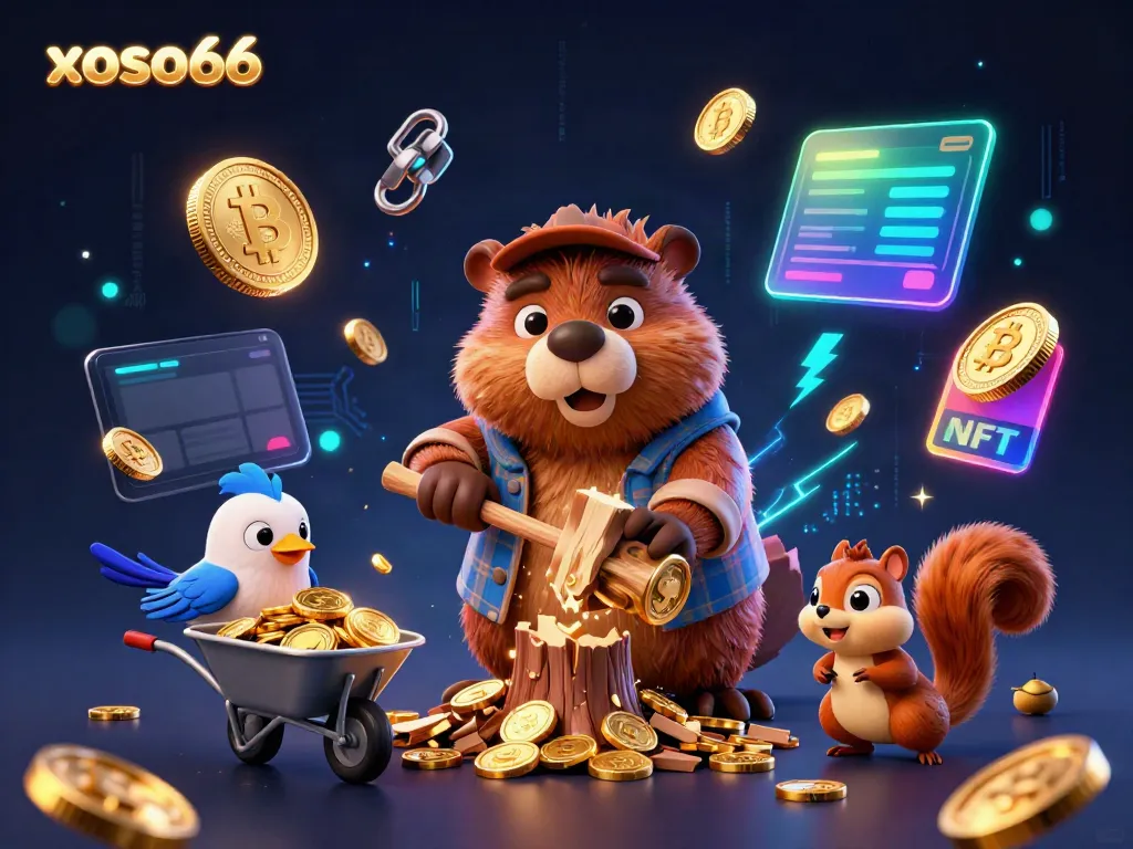 xoso66 offers an exciting casino experience with bright gold rain from a tree and playful characters collecting coins.