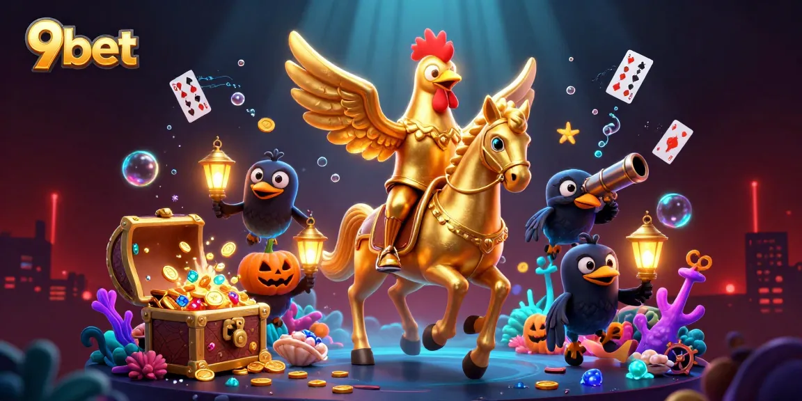 9bet showcases an epic casino battle scene with a golden rooster, exploring cinematic gaming action.