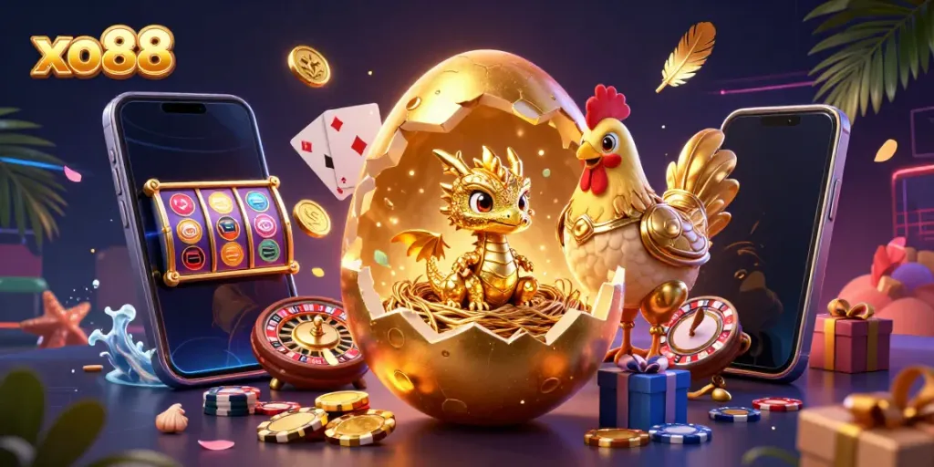 Experience thrilling gameplay with the golden dragon and poker chips in the vibrant xo88 casino scene.