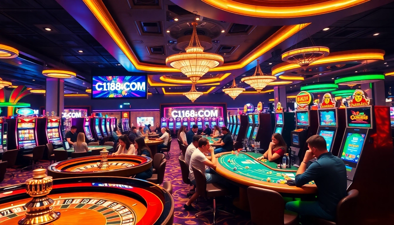 Experience thrilling games at C168 COM’s vibrant casino floor, featuring roulette and poker tables.