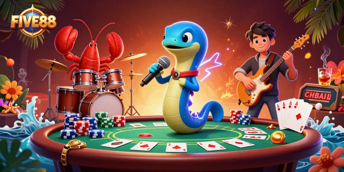 FIVE88 showcases an electric eel DJ performing on stage with poker elements in a vibrant underwater casino.