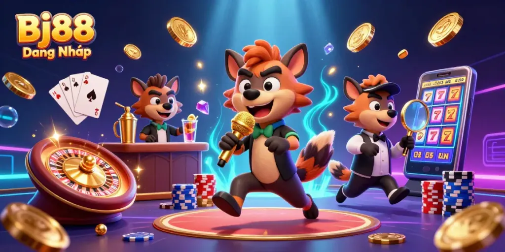 Bj88 Đăng Nhập features engaging hyenas in a vibrant casino setting, showcasing exciting gambling elements.